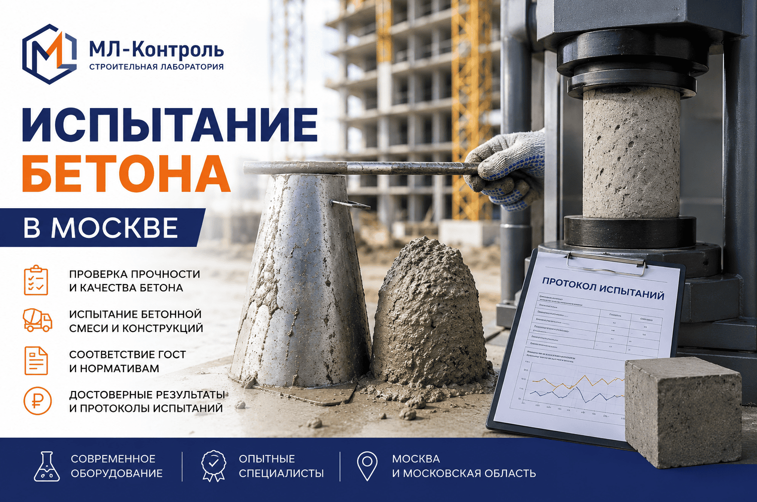 Испытания бетона в Москве строительная лаборатория МЛ-Контроль