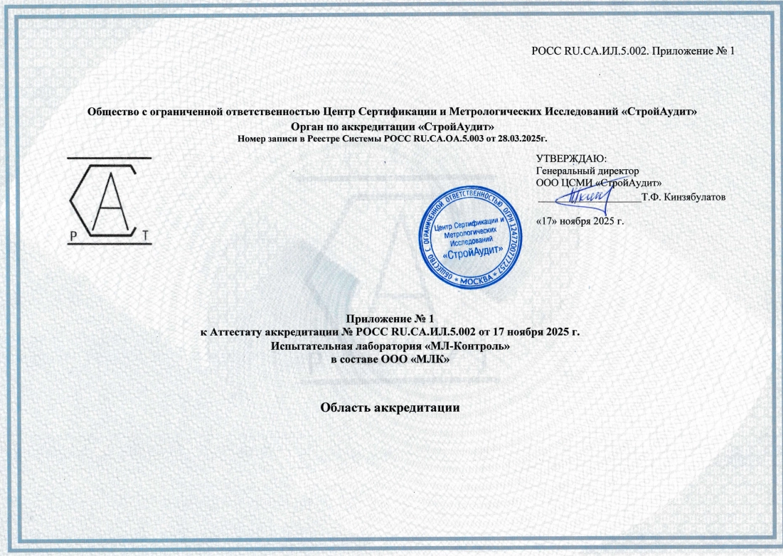 Приложение к аттестату аккредитации строительной лаборатории
